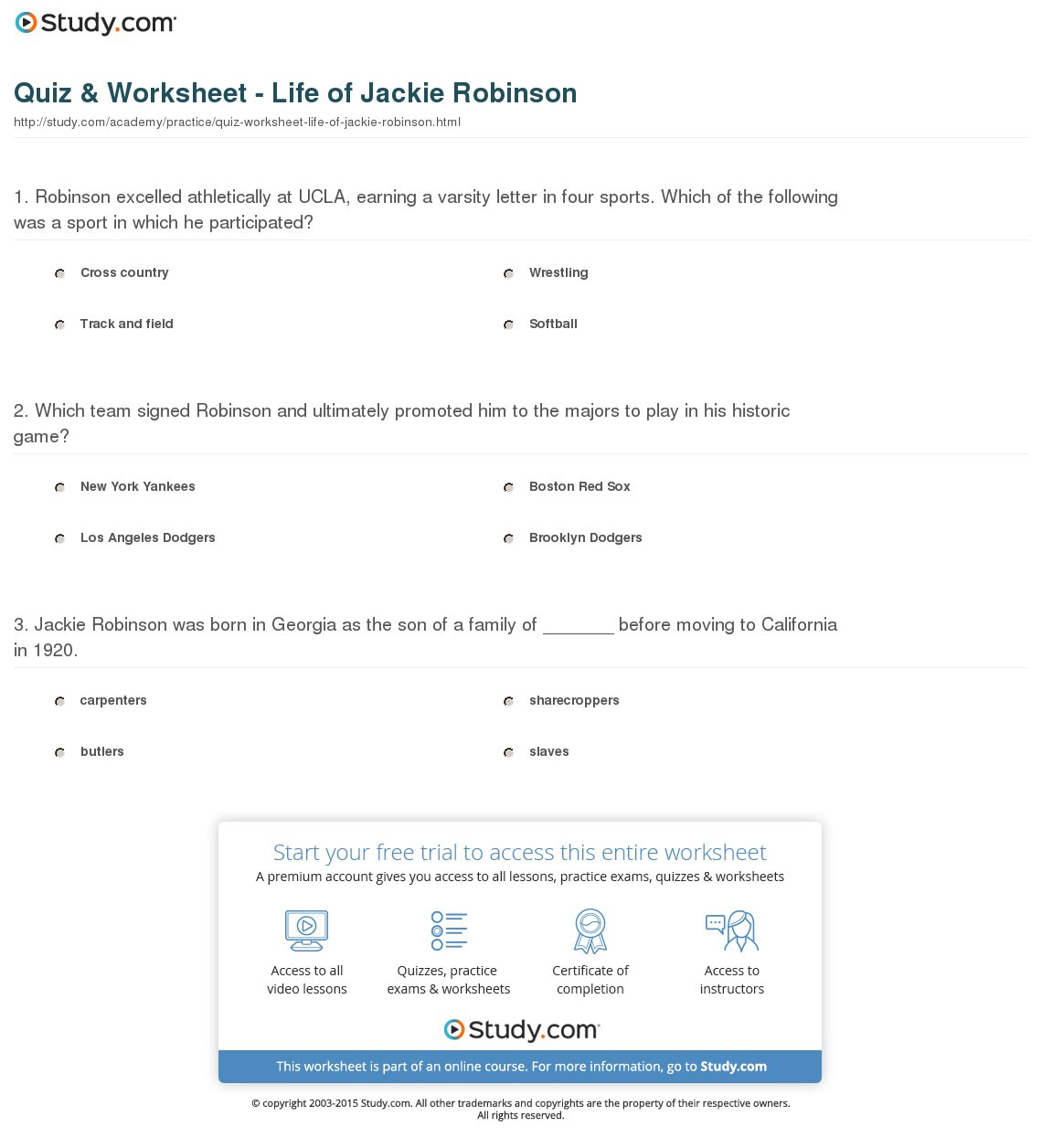 Quiz  Worksheet  Life Of Jackie Robinson  Study