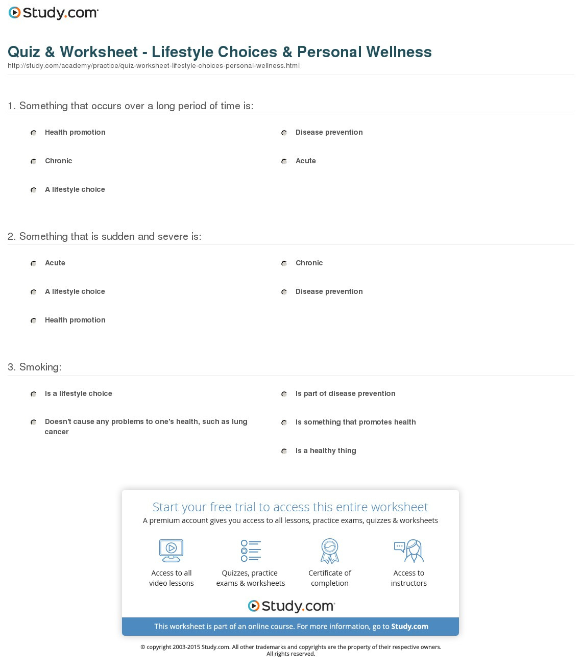 Quiz  Worksheet  Lifestyle Choices  Personal Wellness