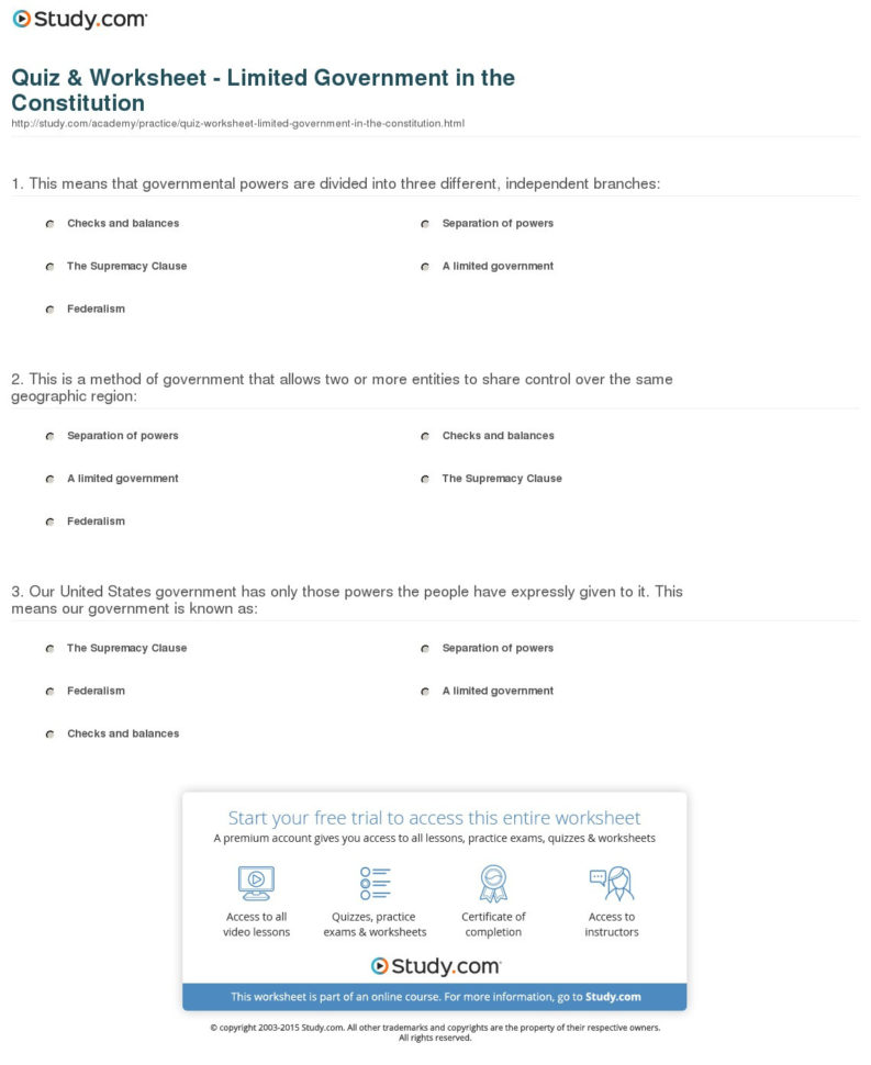 Quiz  Worksheet  Limited Ernment In The Constitution