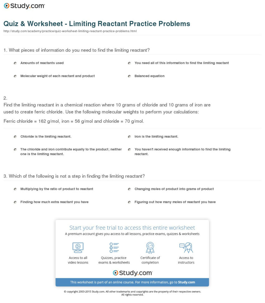 Quiz  Worksheet  Limiting Reactant Practice Problems