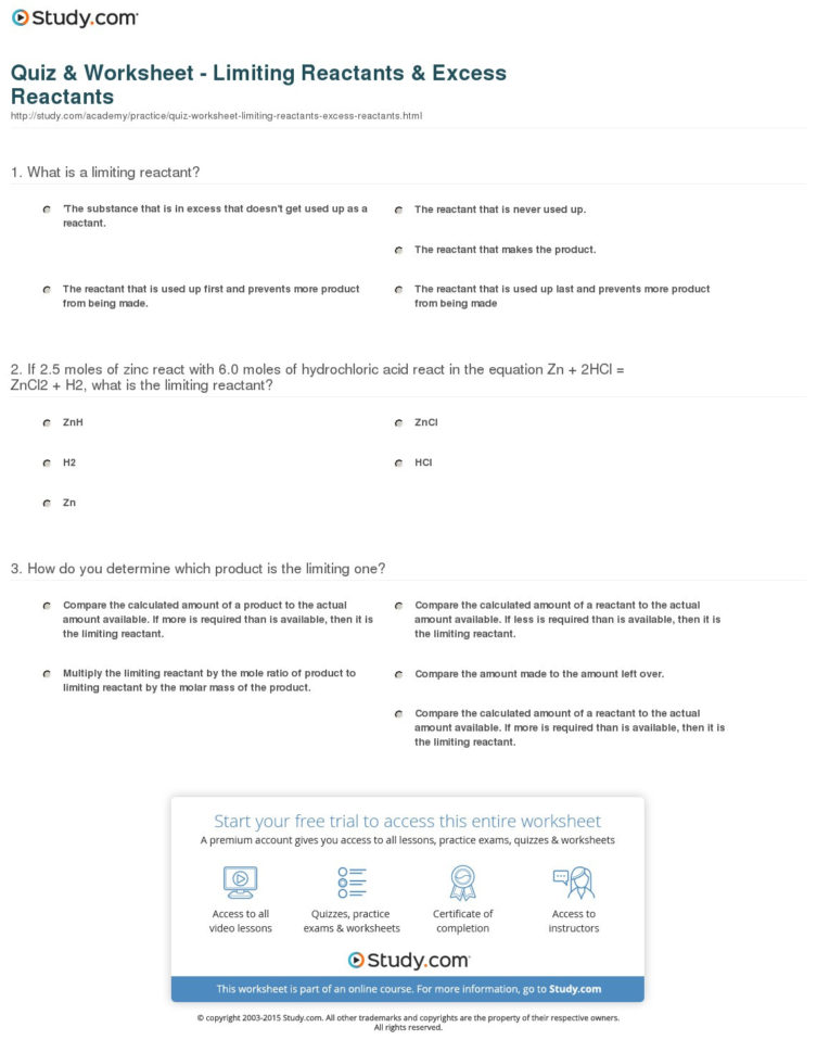 Quiz  Worksheet  Limiting Reactants  Excess Reactants