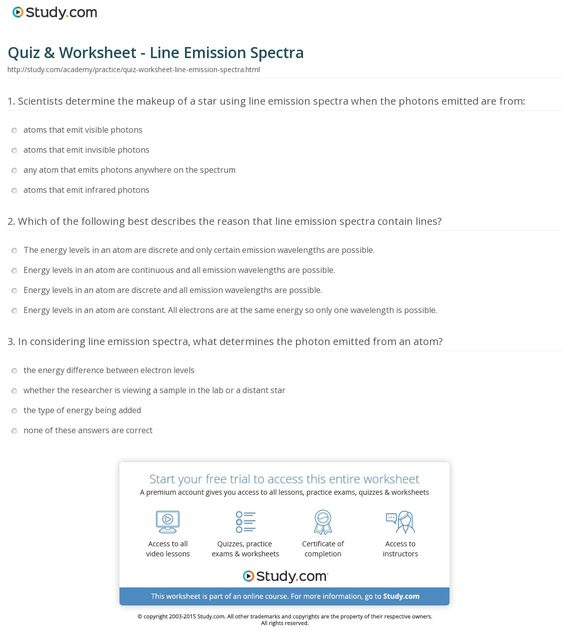 Quiz  Worksheet  Line Emission Spectra  Study