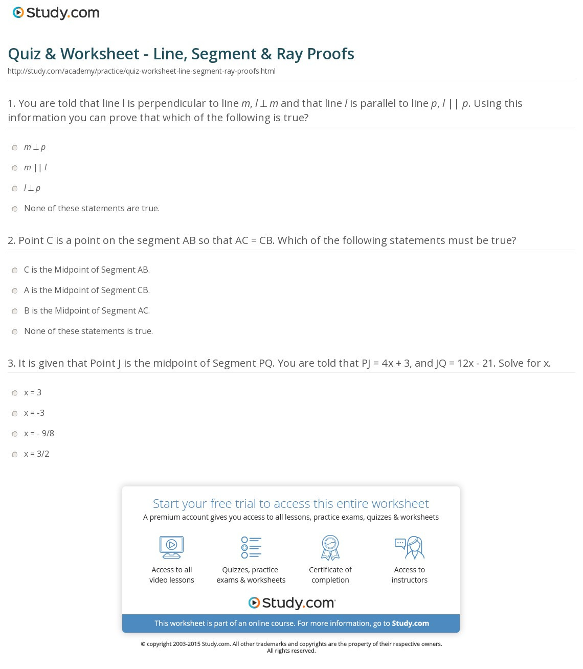 Quiz  Worksheet  Line Segment  Ray Proofs  Study