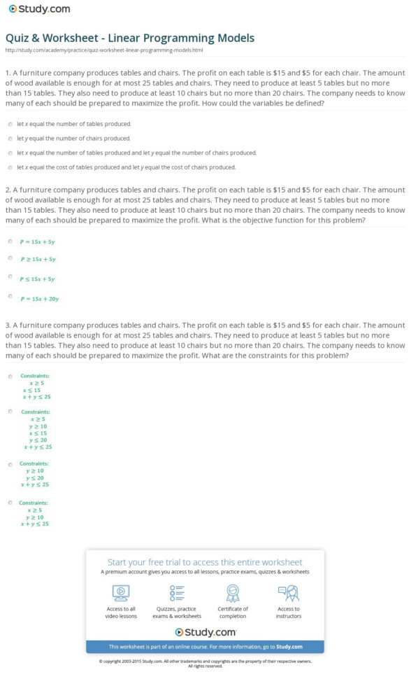 Quiz  Worksheet  Linear Programming Models  Study