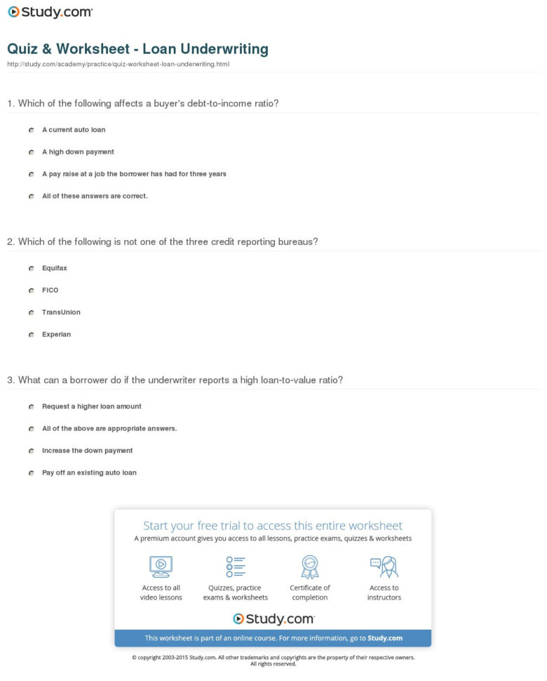 Quiz  Worksheet  Loan Underwriting  Study