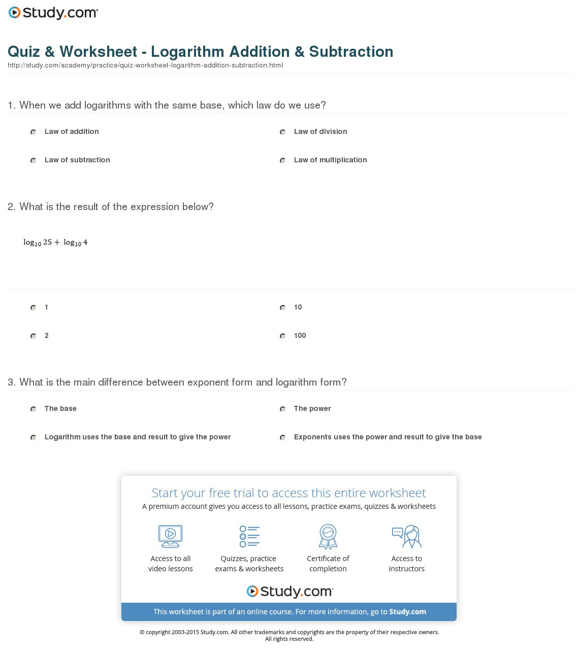 Quiz  Worksheet  Logarithm Addition  Subtraction  Study