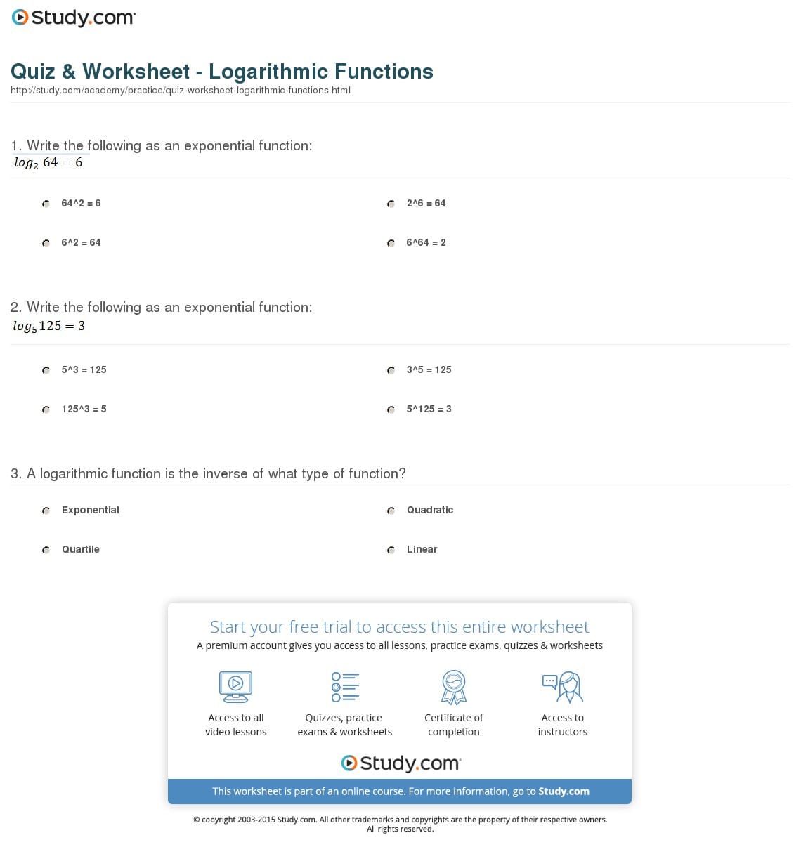 Quiz  Worksheet  Logarithmic Functions  Study