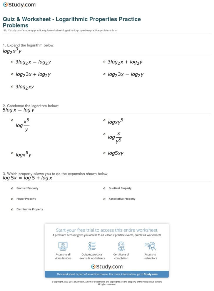 expanding and condensing logarithms worksheet with answers