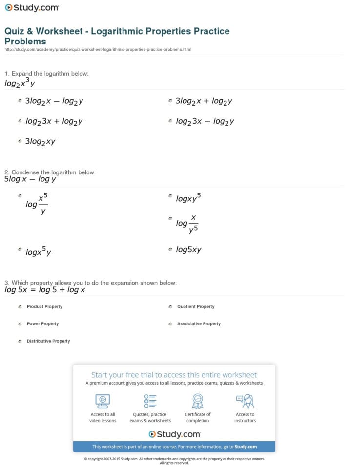 Quiz  Worksheet  Logarithmic Properties Practice Problems