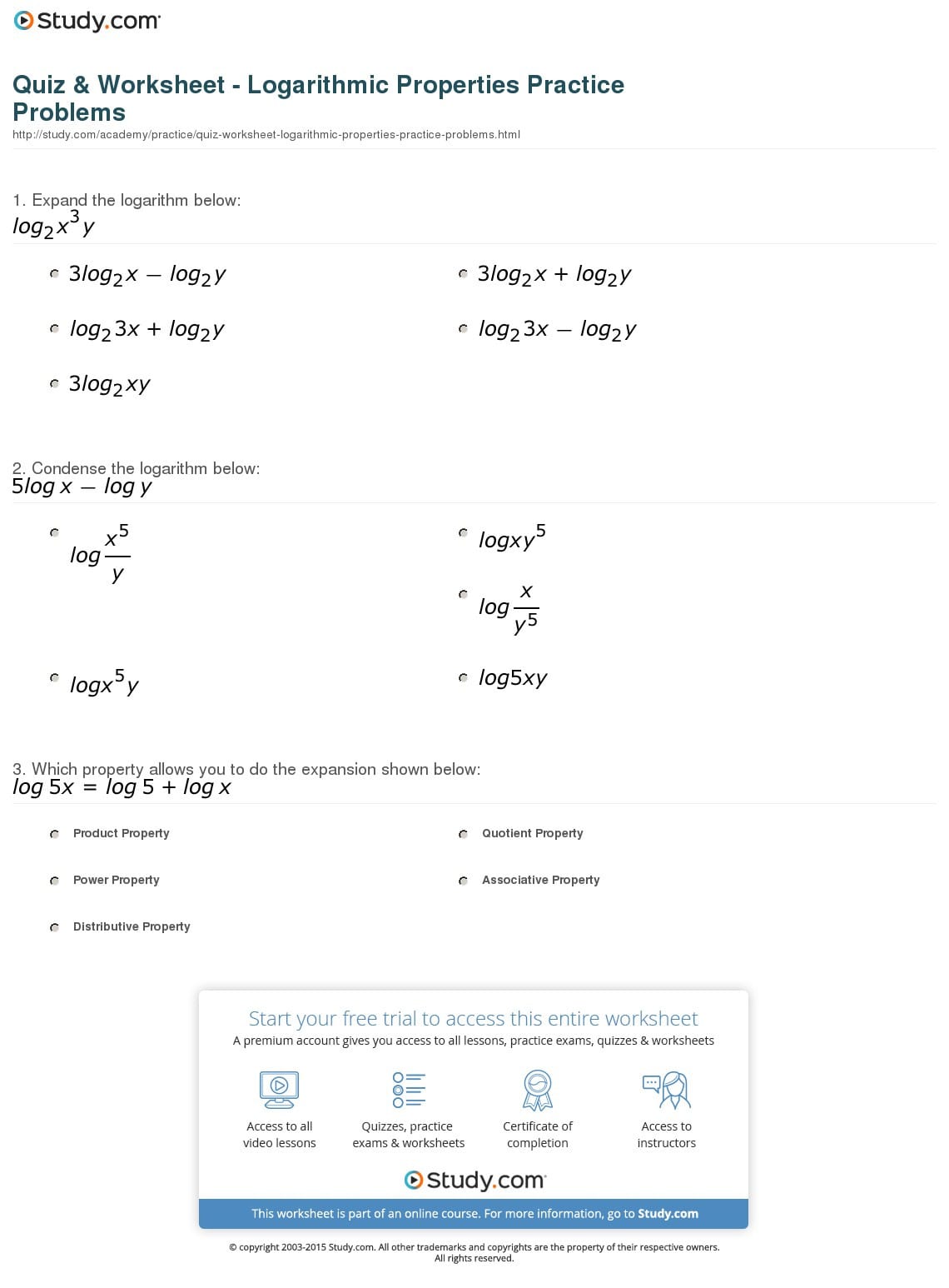 Quiz  Worksheet  Logarithmic Properties Practice Problems