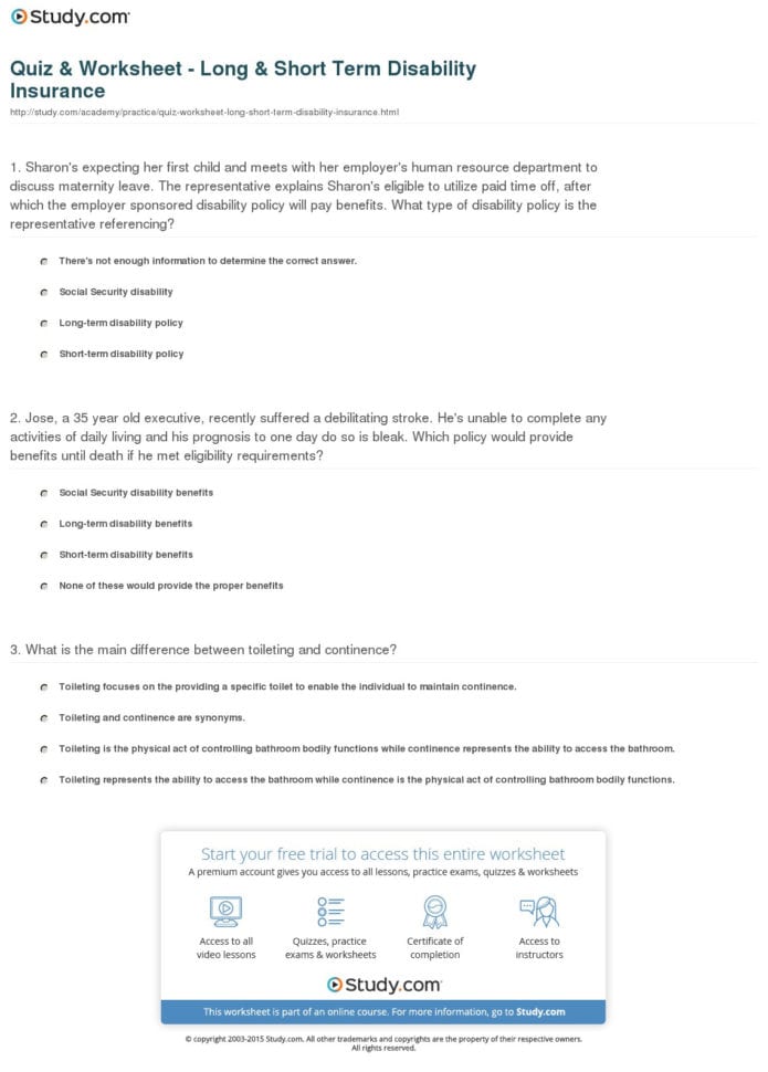 Quiz  Worksheet  Long  Short Term Disability Insurance