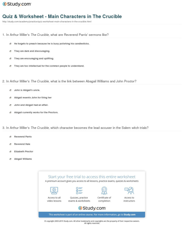 Quiz  Worksheet  Main Characters In The Crucible  Study