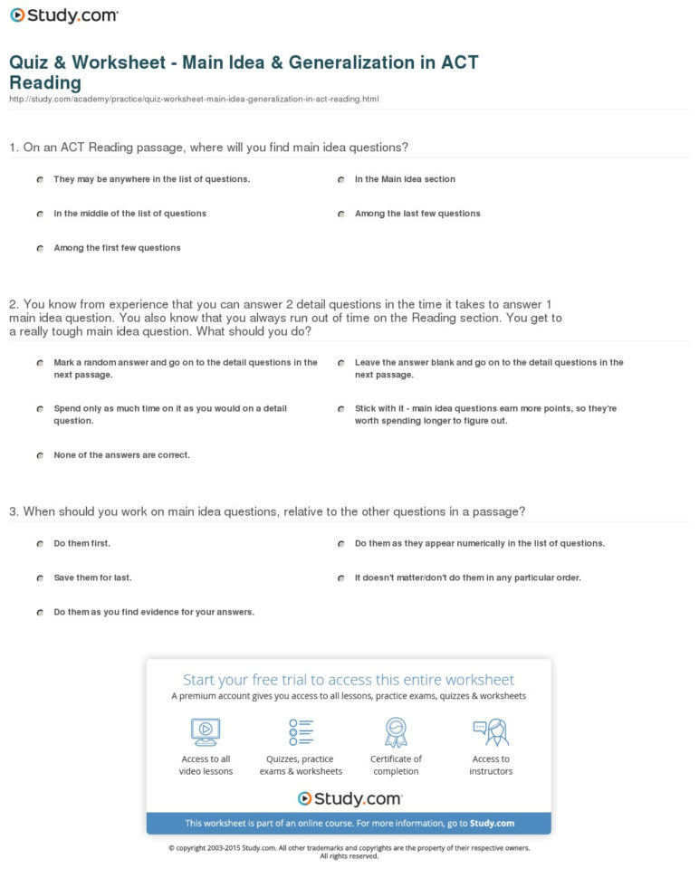 Quiz  Worksheet  Main Idea  Generalization In Act Reading Quiz  Worksheet  Main Idea  Generalization In Act Reading
