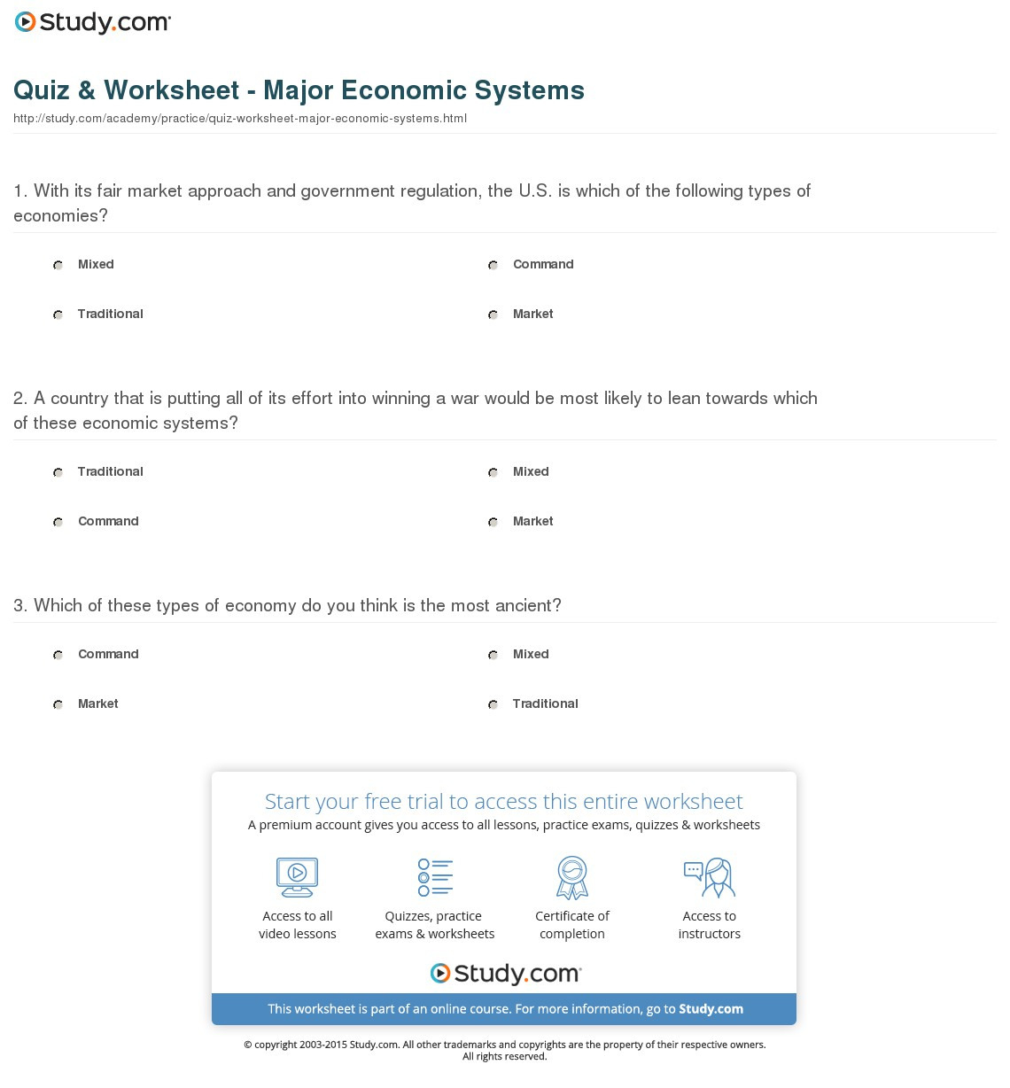 Quiz  Worksheet  Major Economic Systems  Study
