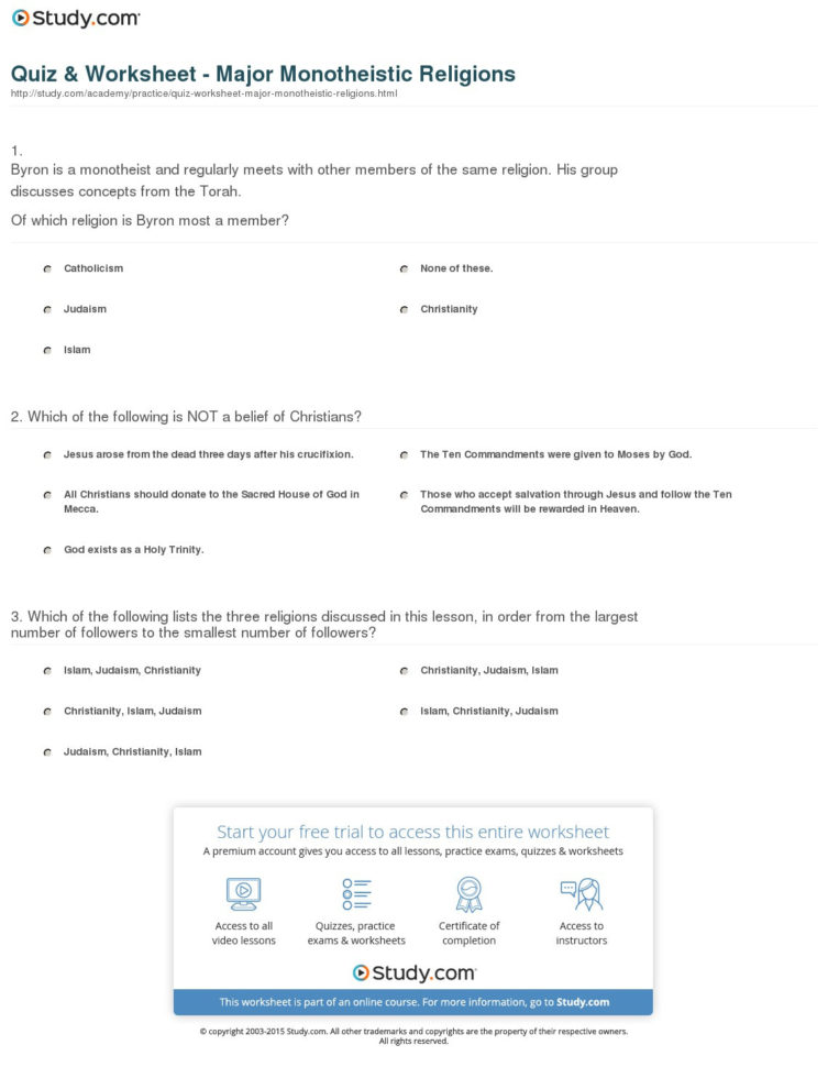 Quiz  Worksheet  Major Monotheistic Religions  Study