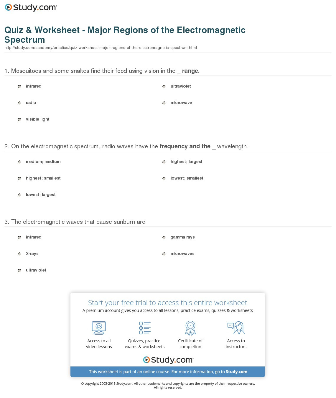 Quiz  Worksheet  Major Regions Of The Electromagnetic