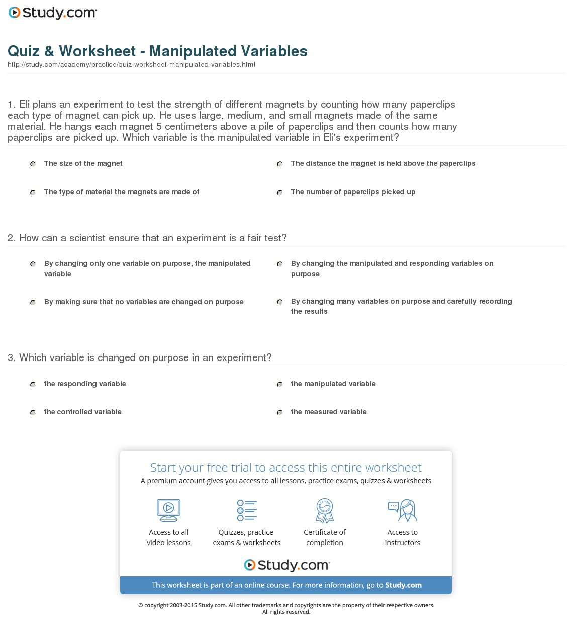 Quiz  Worksheet  Manipulated Variables  Study