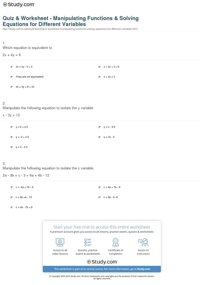 Quiz  Worksheet  Manipulating Functions  Solving Quiz  Worksheet  Manipulating Functions  Solving
