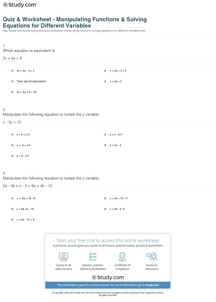 Quiz  Worksheet  Manipulating Functions  Solving Equations For