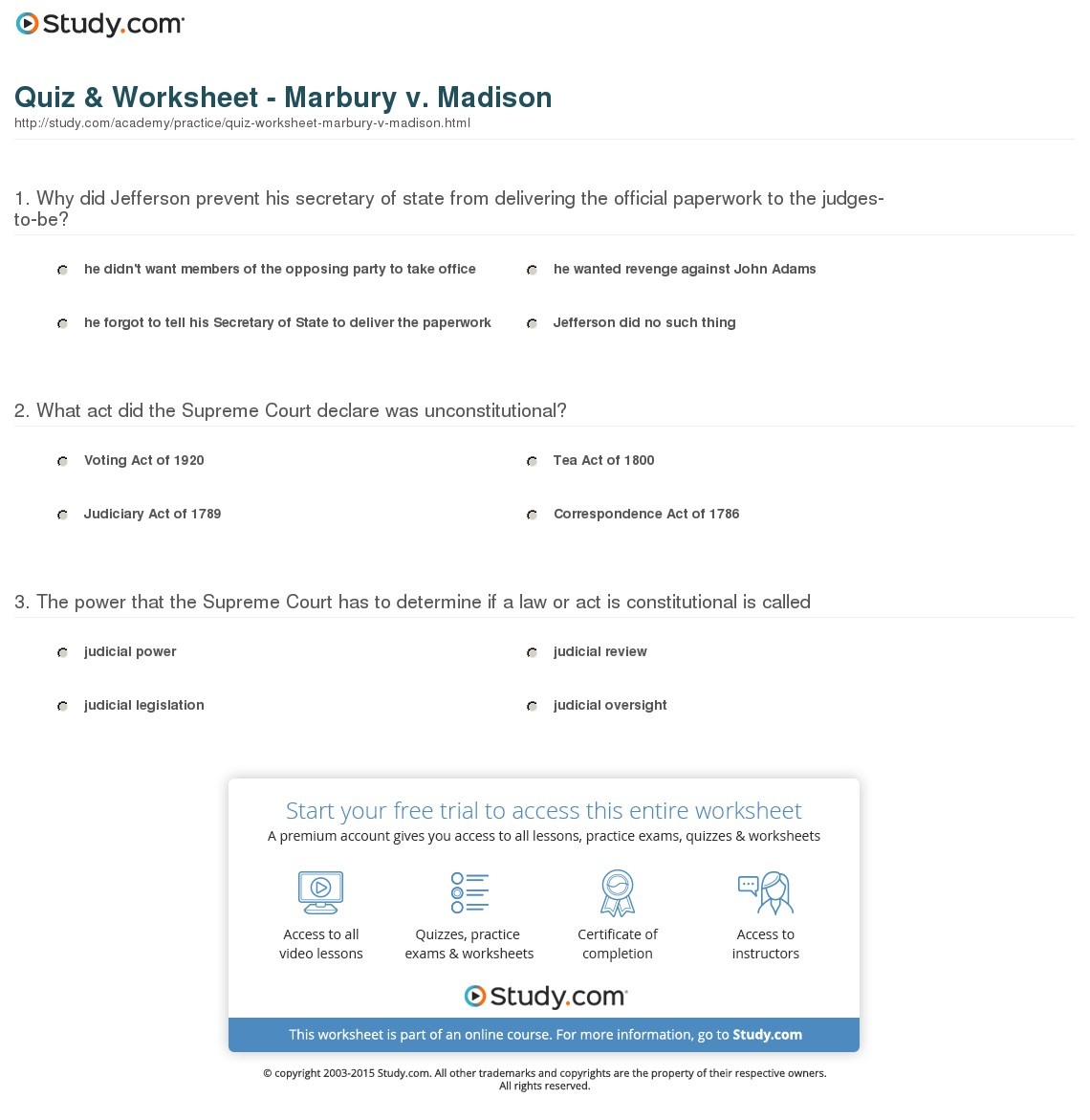 Quiz  Worksheet  Marbury V Madison  Study