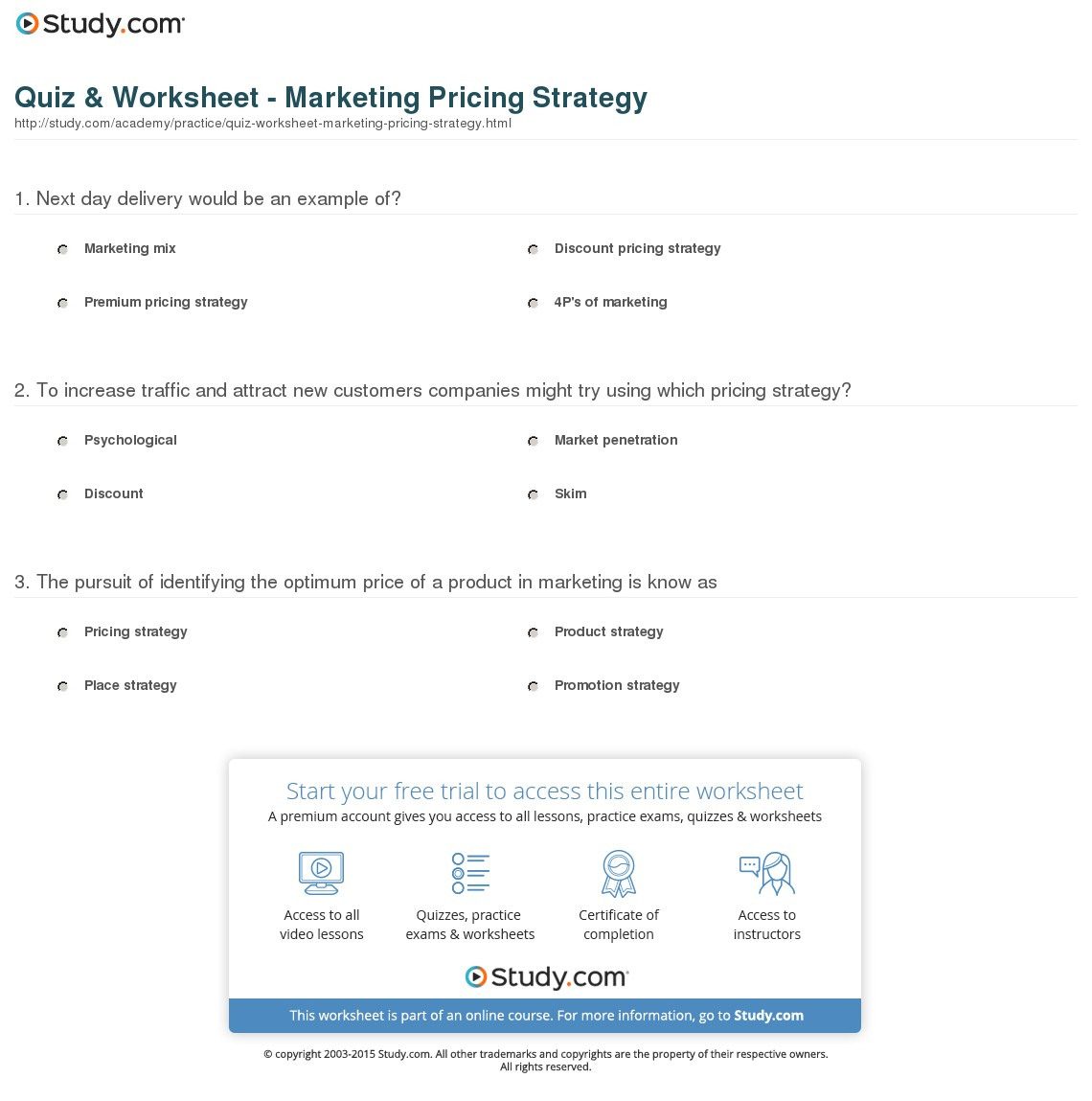 Quiz  Worksheet  Marketing Pricing Strategy  Study