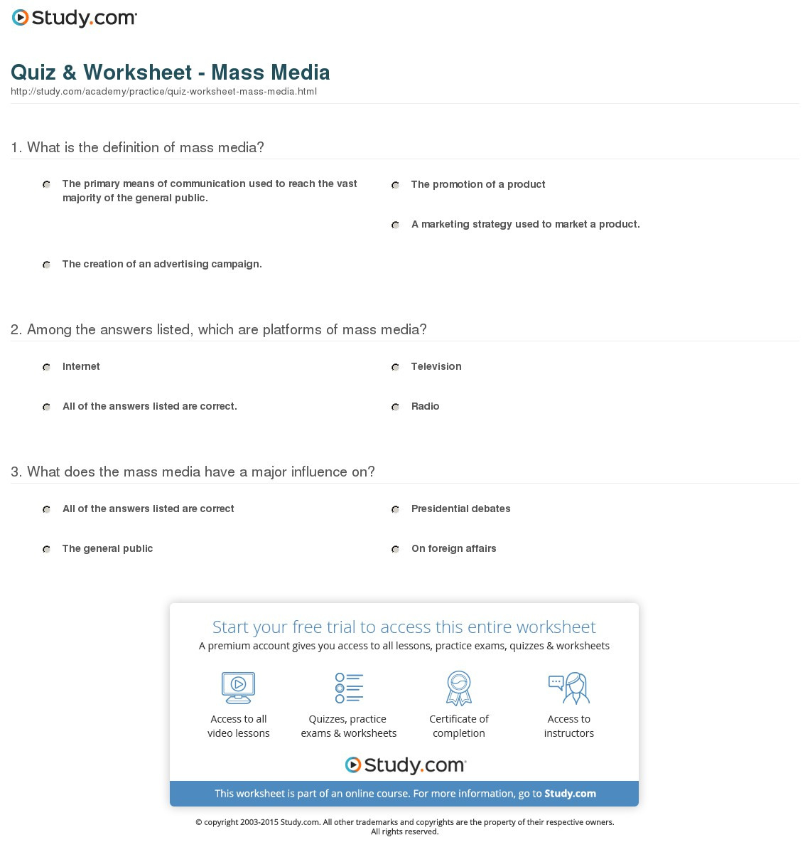 Quiz  Worksheet  Mass Media  Study