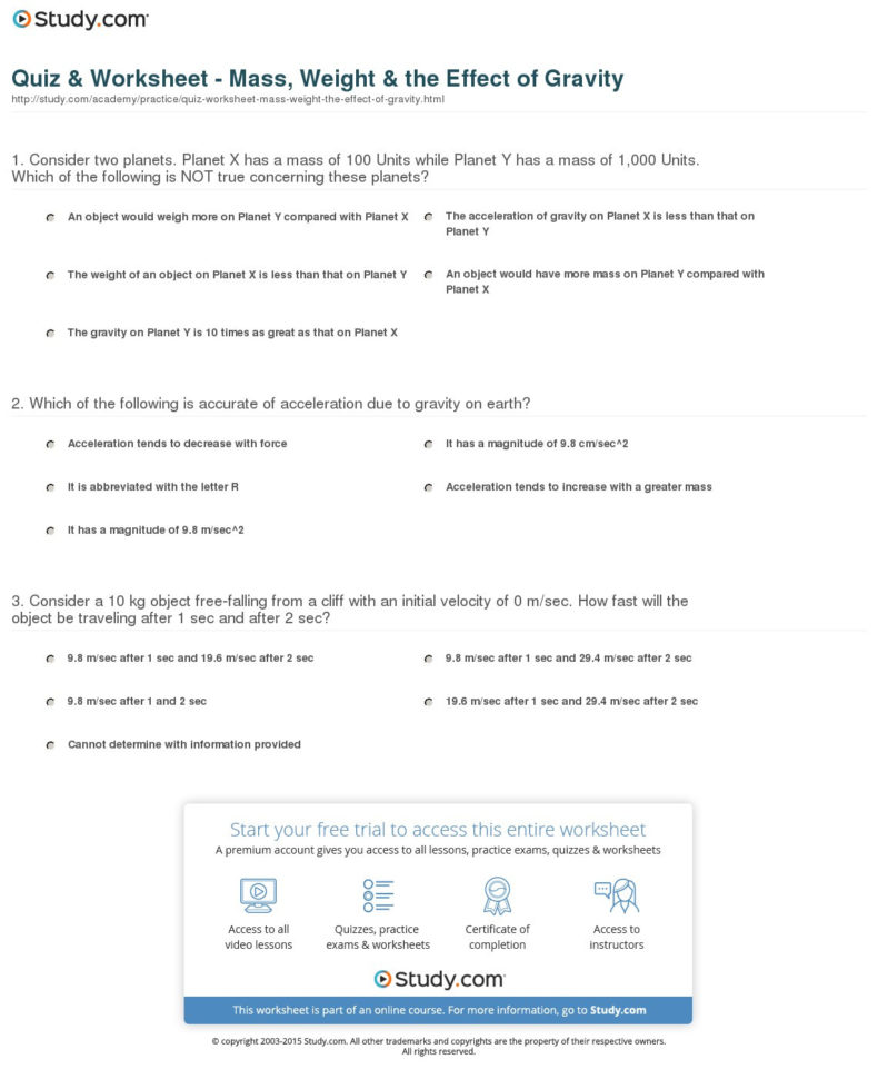 Quiz  Worksheet  Mass Weight  The Effect Of Gravity