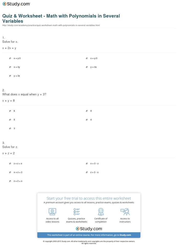 Quiz  Worksheet  Math With Polynomials In Several
