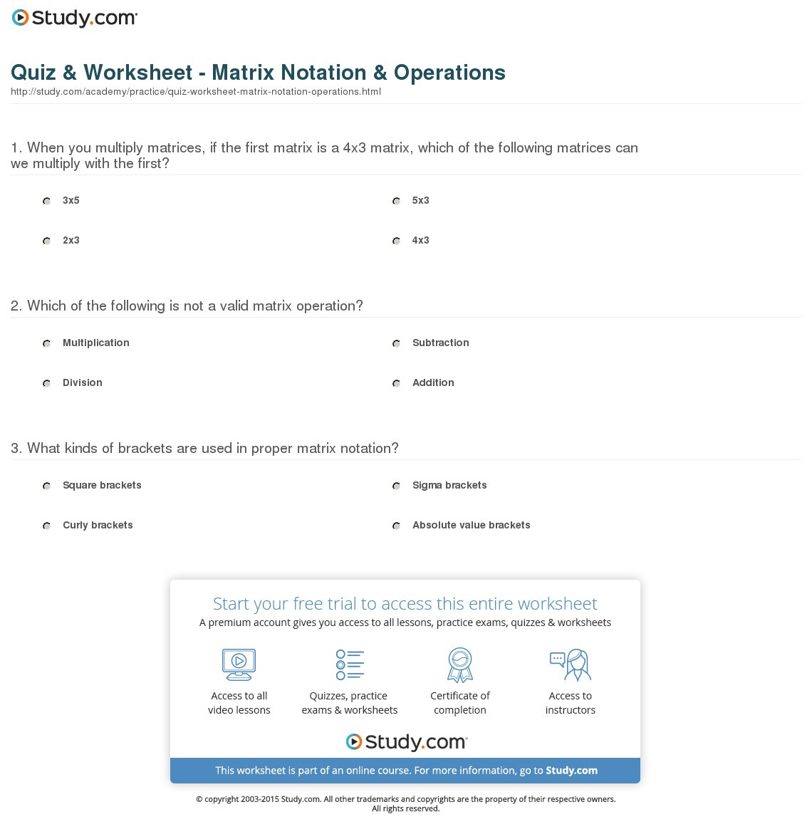 Quiz  Worksheet  Matrix Notation  Operations  Study
