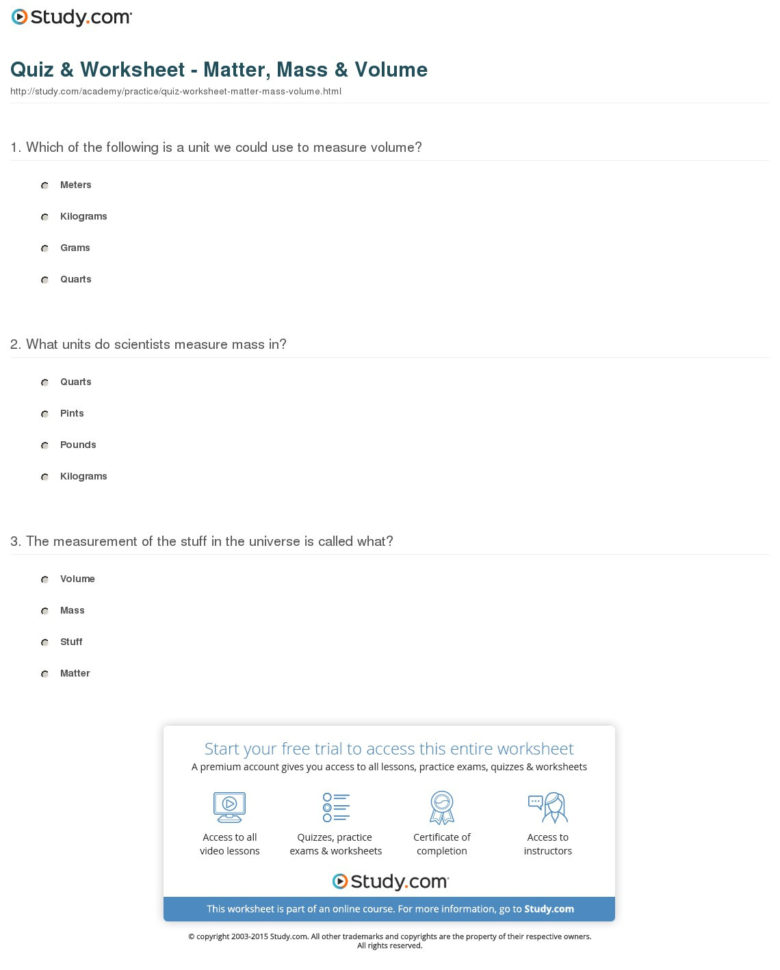 Quiz  Worksheet  Matter Mass  Volume  Study
