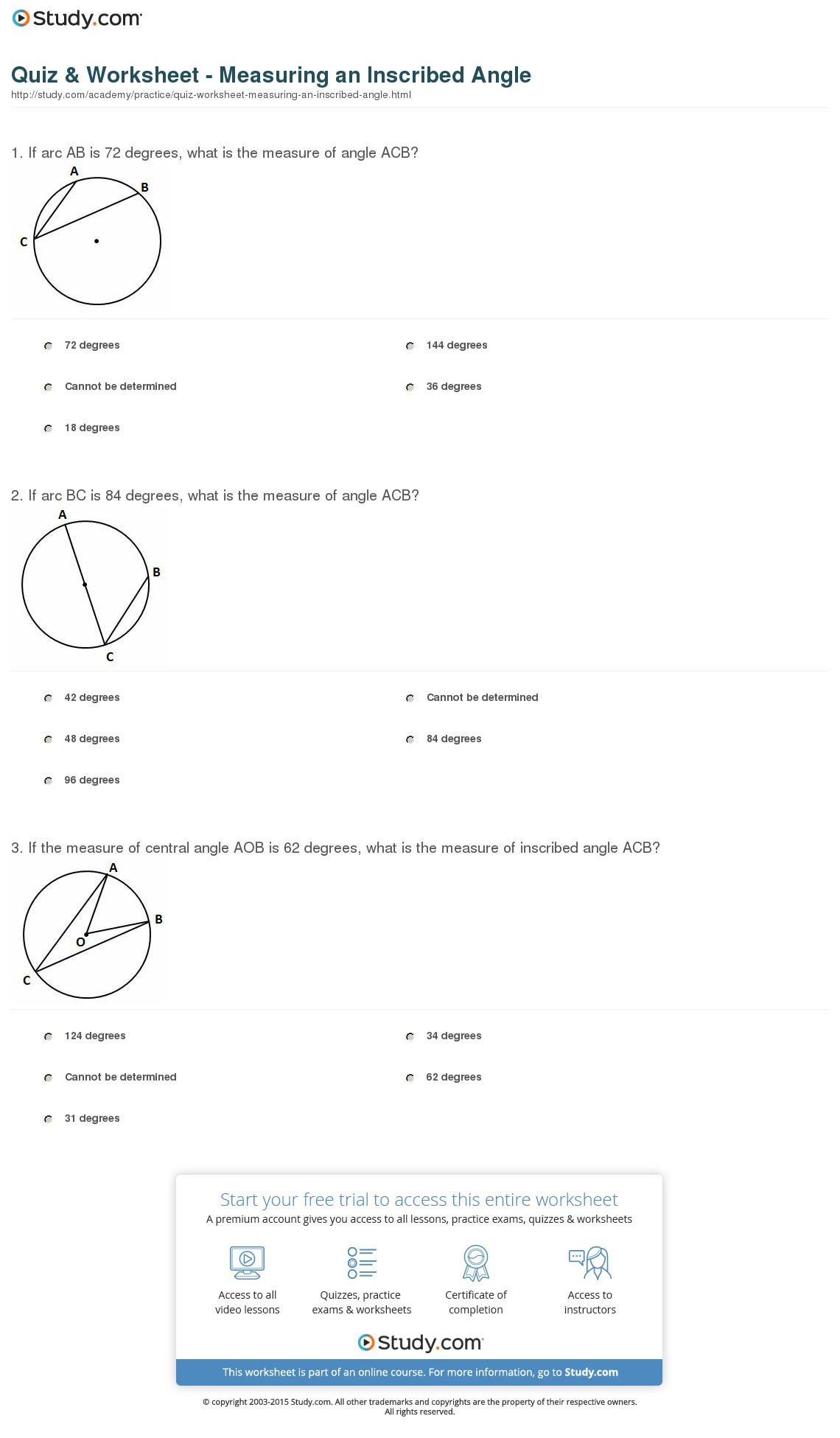 Quiz  Worksheet  Measuring An Inscribed Angle  Study