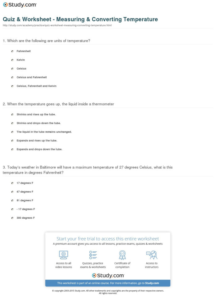 Quiz  Worksheet  Measuring  Converting Temperature  Study