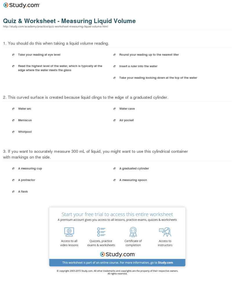 Quiz  Worksheet  Measuring Liquid Volume  Study
