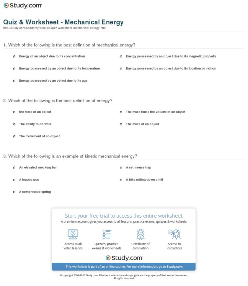 Quiz  Worksheet  Mechanical Energy  Study