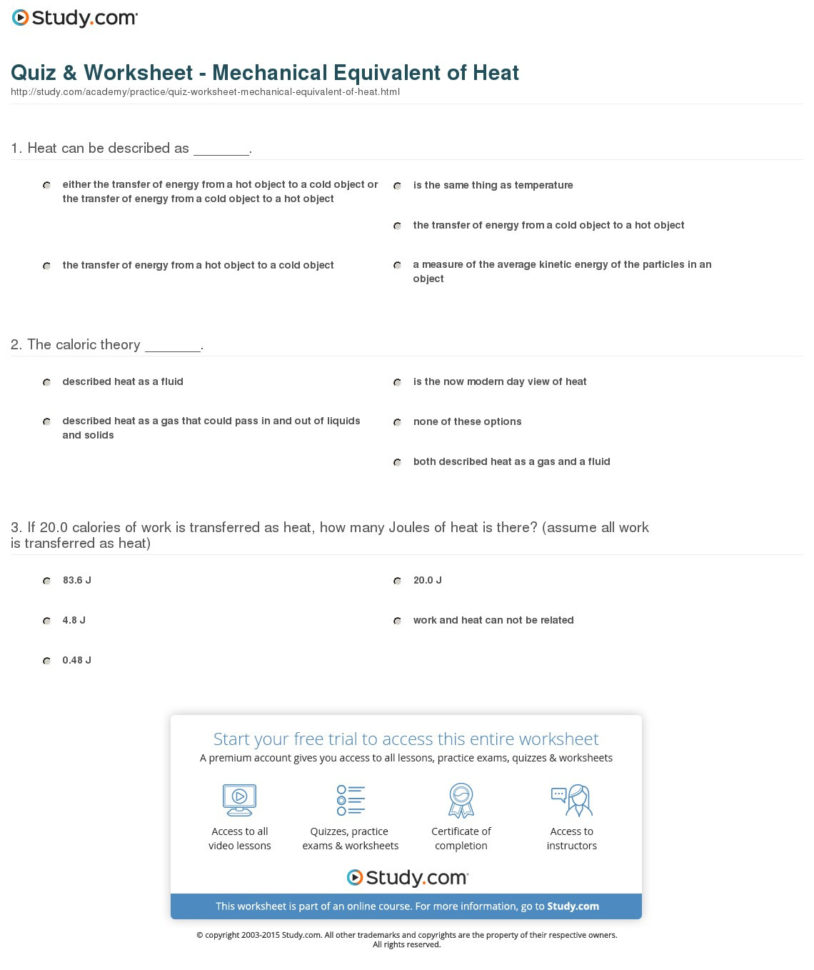 Quiz  Worksheet  Mechanical Equivalent Of Heat  Study