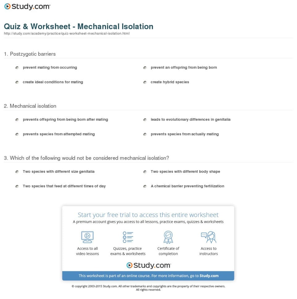 Quiz  Worksheet  Mechanical Isolation  Study