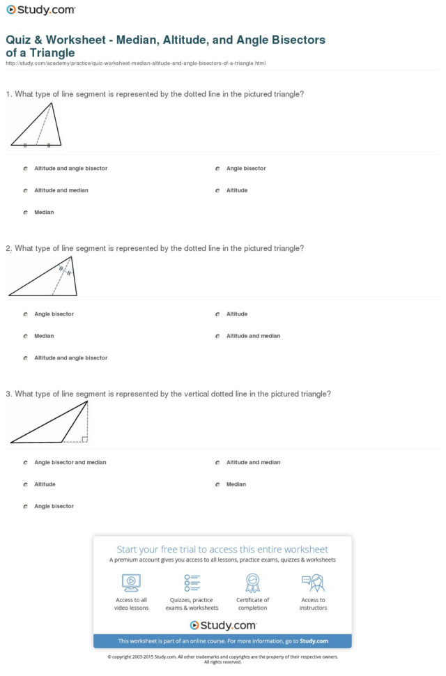 Quiz  Worksheet  Median Altitude And Angle Bisectors Of A