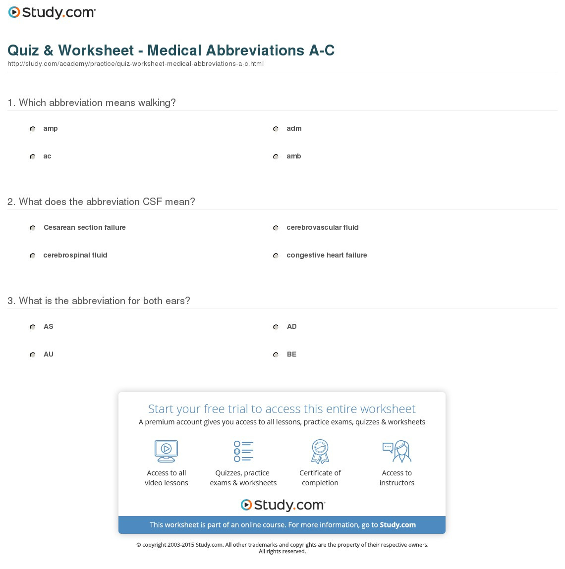 Quiz  Worksheet  Medical Abbreviations Ac  Study