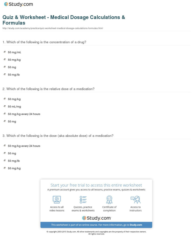 Quiz  Worksheet  Medical Dosage Calculations  Formulas