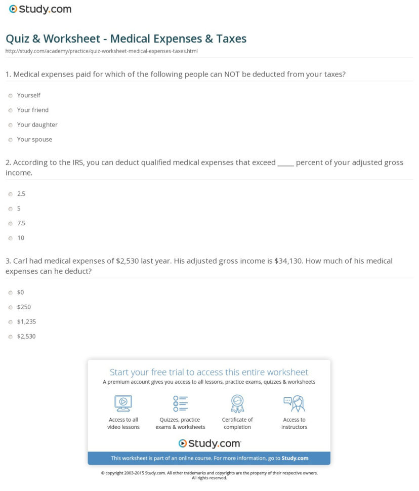 Quiz  Worksheet  Medical Expenses  Taxes  Study
