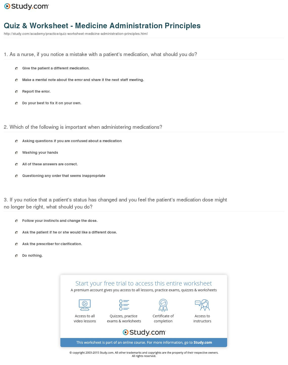 Quiz  Worksheet  Medicine Administration Principles