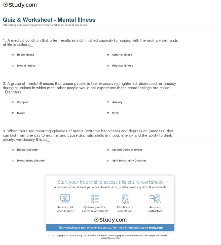 Quiz  Worksheet  Mental Illness  Study
