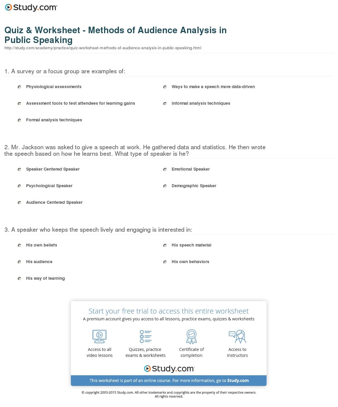Quiz  Worksheet  Methods Of Audience Analysis In Public