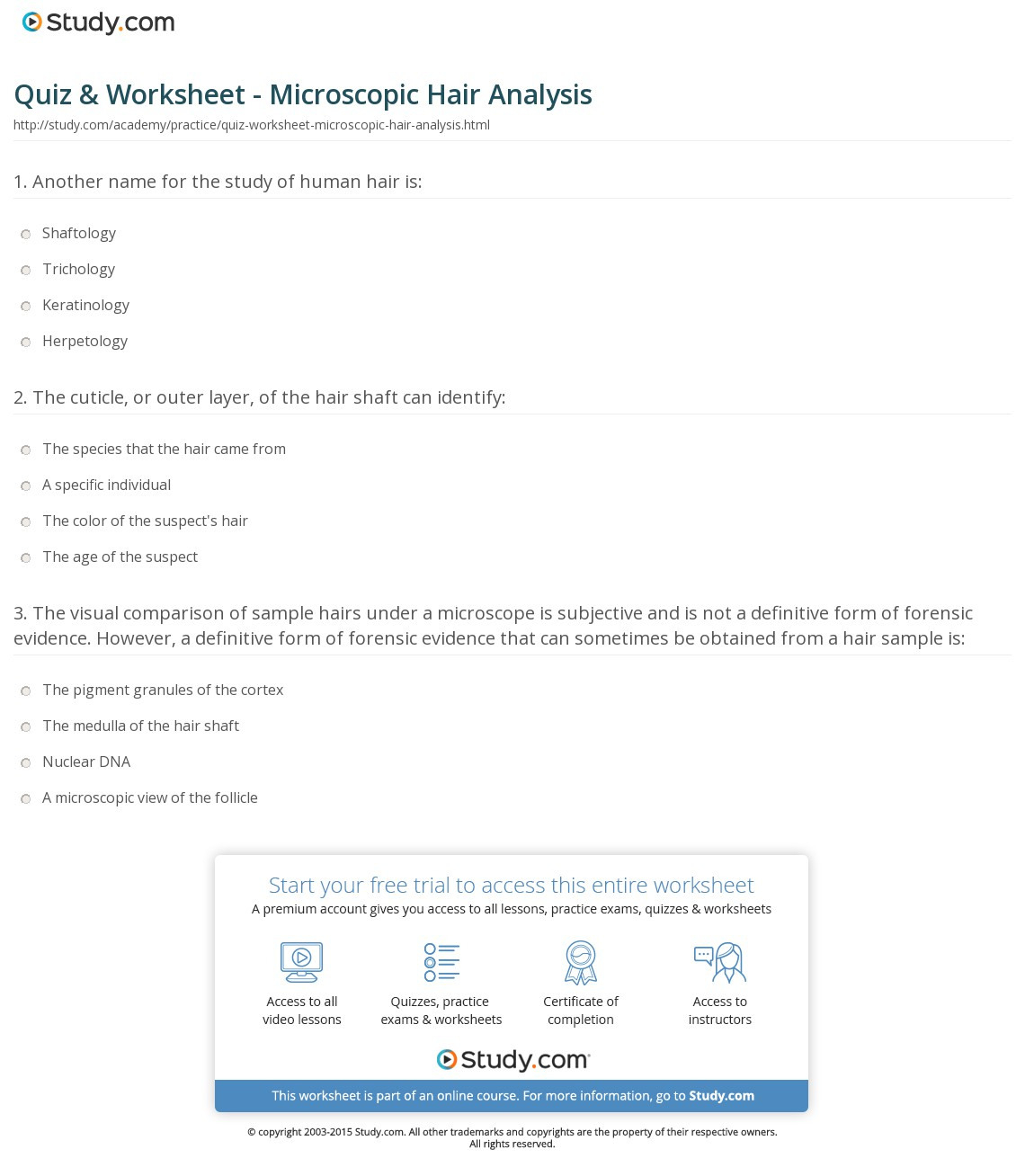 Quiz  Worksheet  Microscopic Hair Analysis  Study
