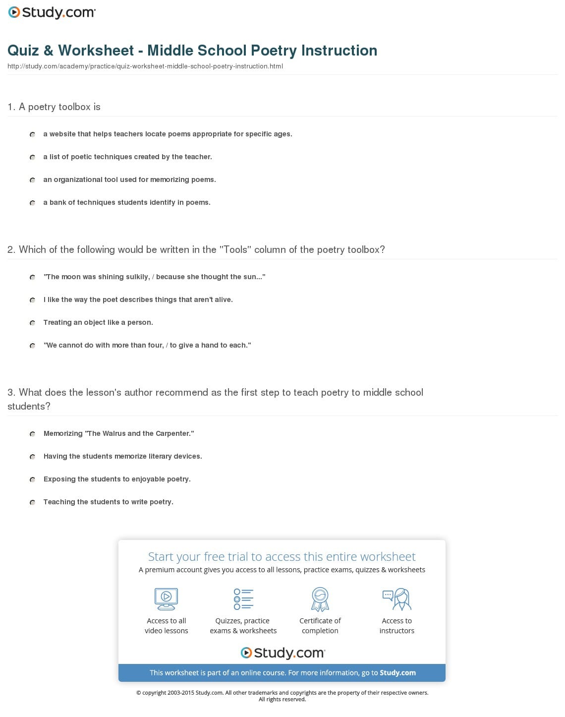 Poetry Worksheets Middle School Db excel