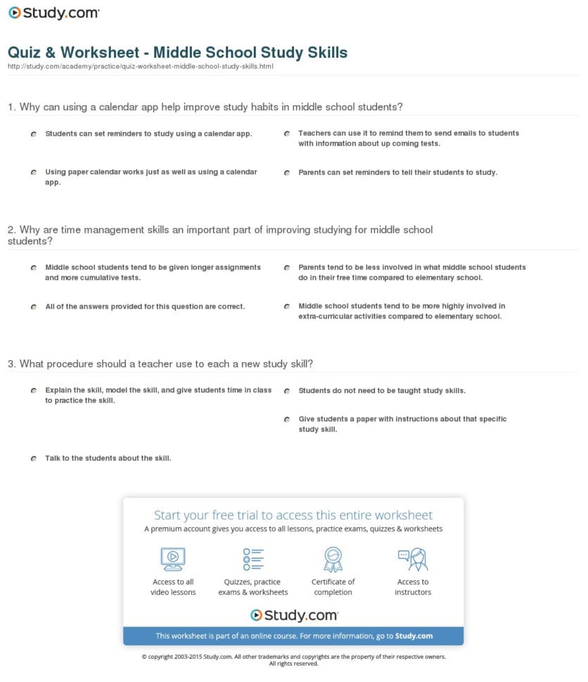 Quiz  Worksheet  Middle School Study Skills  Study