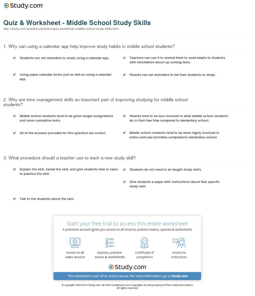 Quiz  Worksheet  Middle School Study Skills  Study