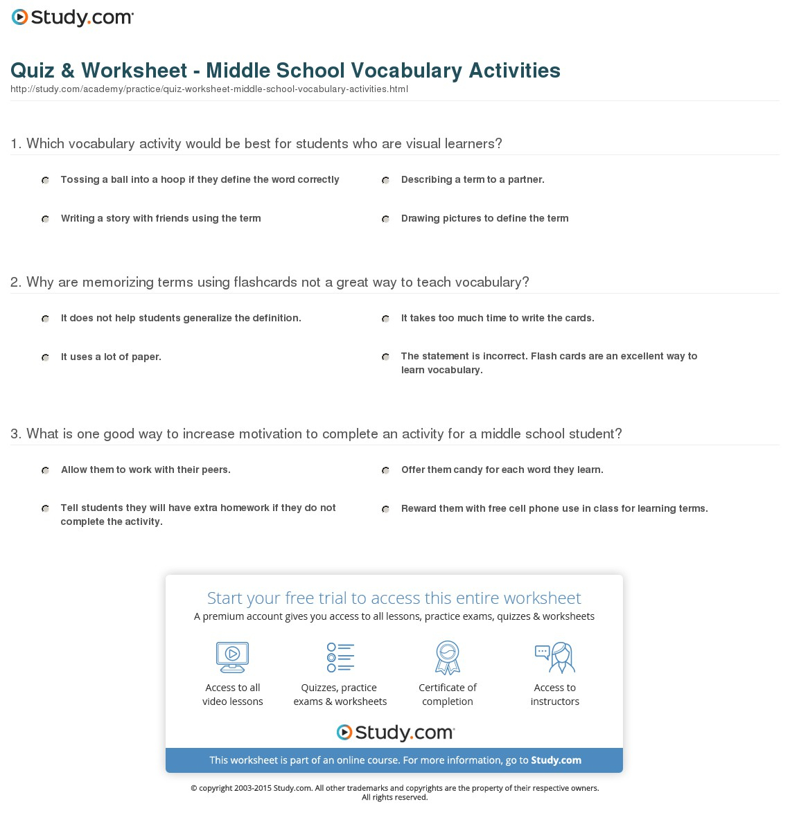 Quiz  Worksheet  Middle School Vocabulary Activities  Study