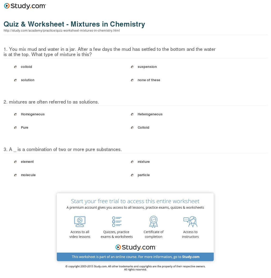 Quiz  Worksheet  Mixtures In Chemistry  Study