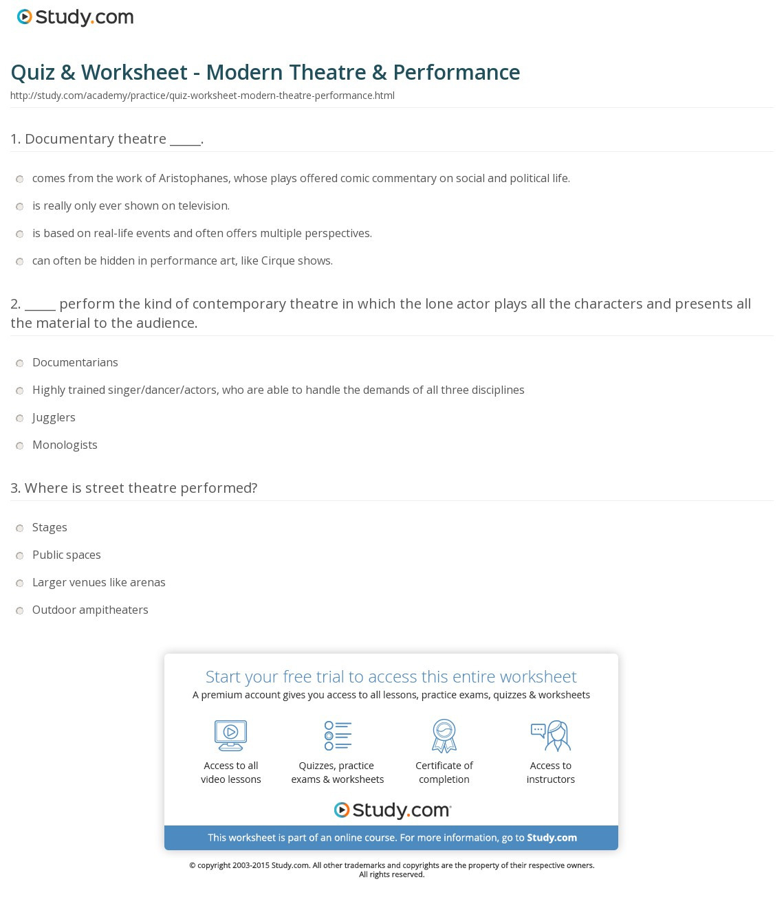 Quiz  Worksheet  Modern Theatre  Performance  Study